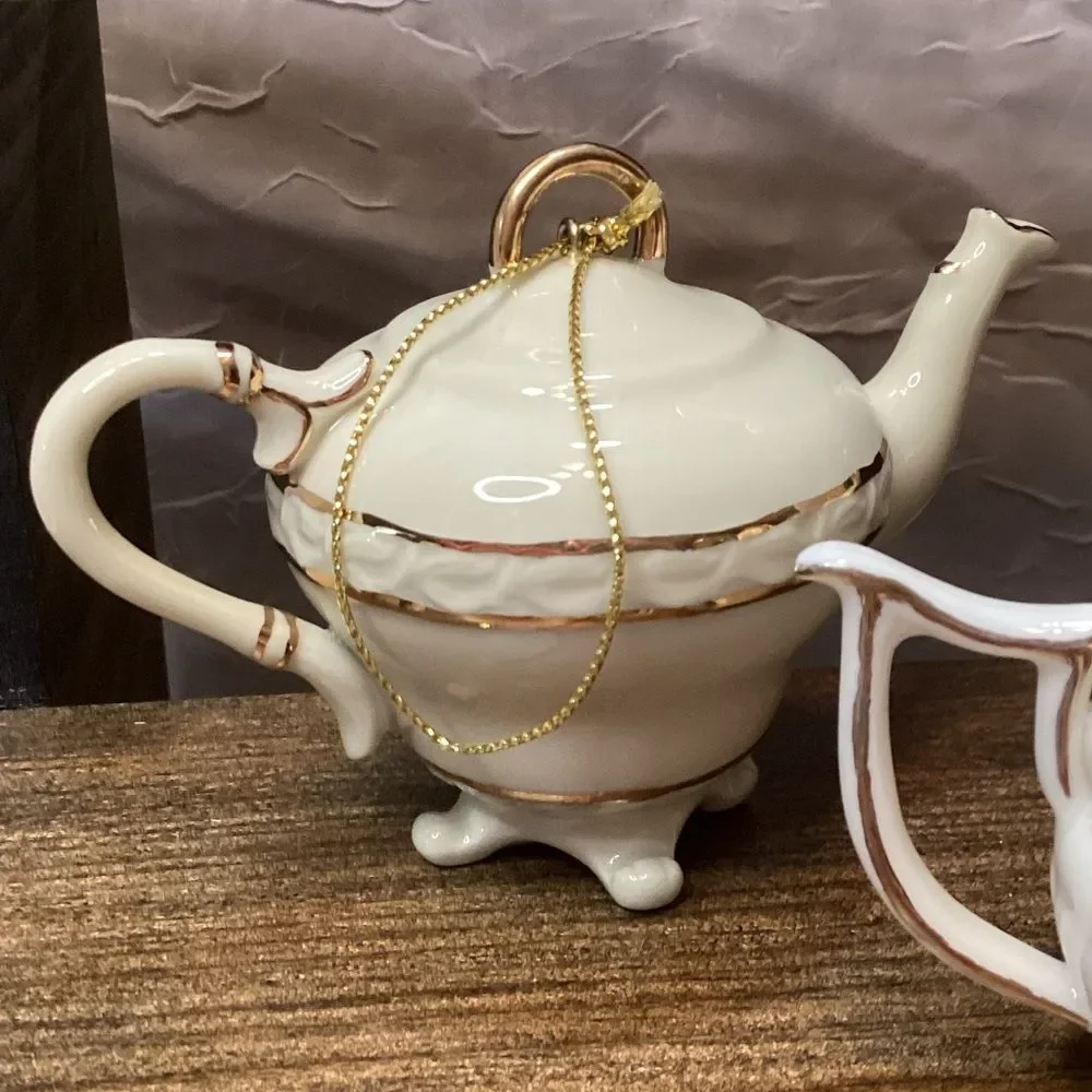 Mini Teapot Ornament Set 5 Porcelain Hanging Teapots Cream with Gold Trim